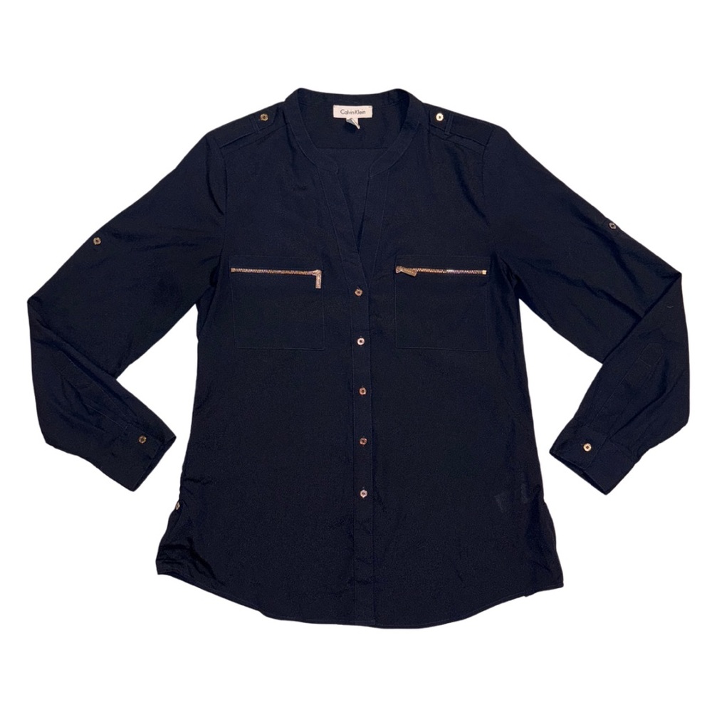 CALVIN KLEIN Modern Essentials Navy Blue Button Down Blouse Women’s Size Medium